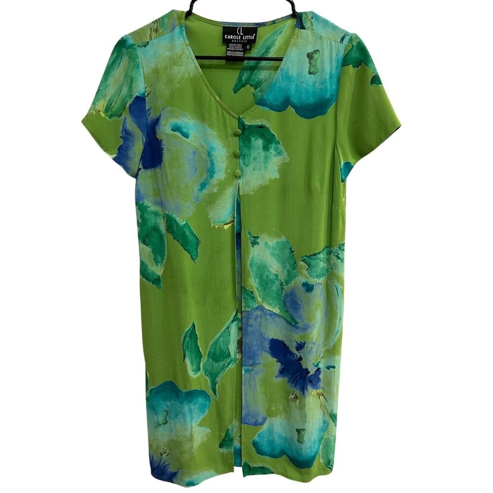 Vintage Carole Little Green Floral Short Sleeve Dress With Button Detail Size 8
